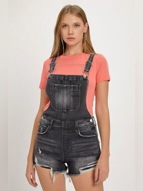 Washed Black Denim Short Overalls - Women's
